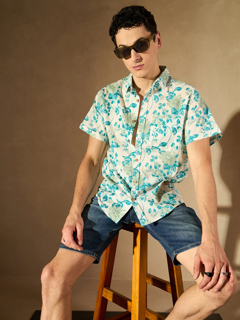 White: Half Sleeves Block Printed Shirt