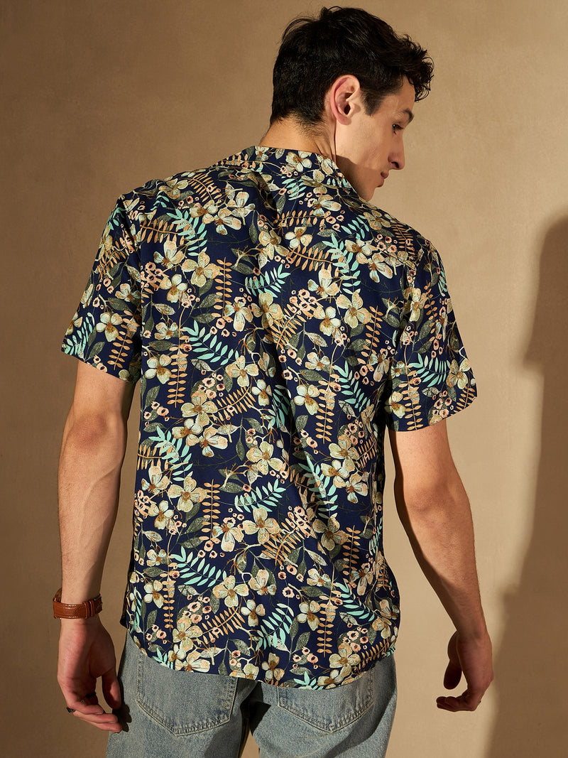 Blue: Half Sleeves Floral Printed Shirt