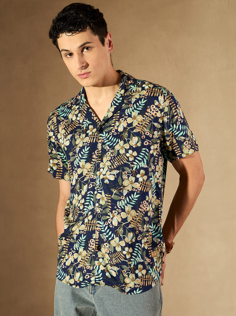 Blue: Half Sleeves Floral Printed Shirt