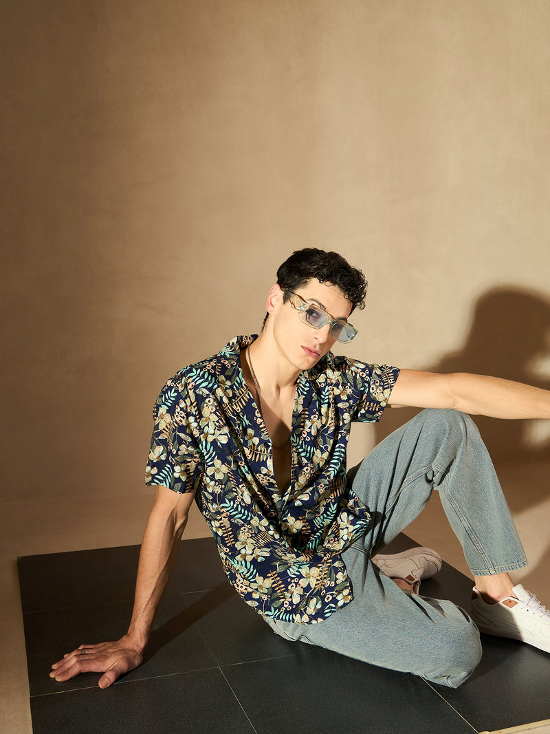 Blue: Half Sleeves Floral Printed Shirt