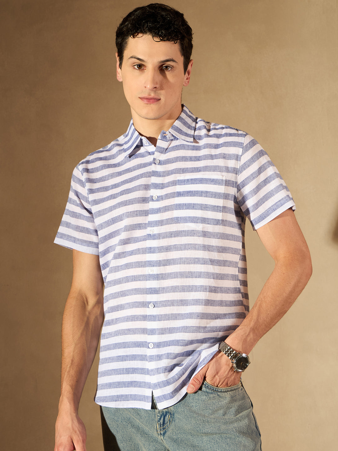 White Horizontal Striped Cotton Casual Shirt