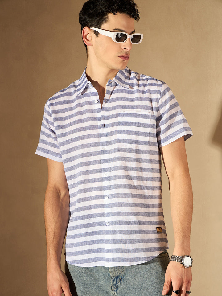 White Horizontal Striped Cotton Casual Shirt