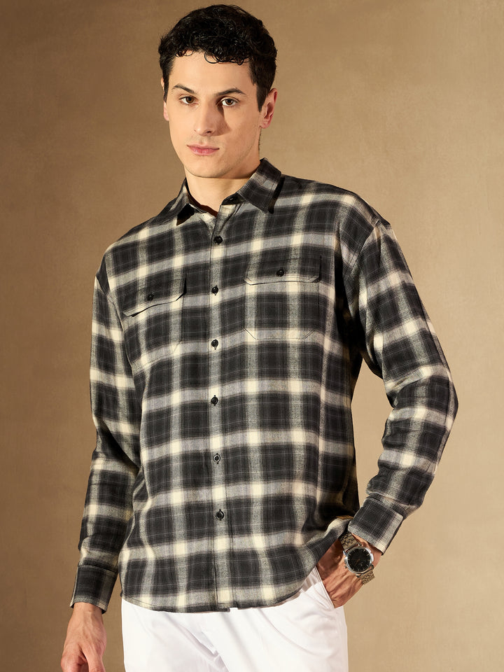 Black Double Pocket Checked Shirt