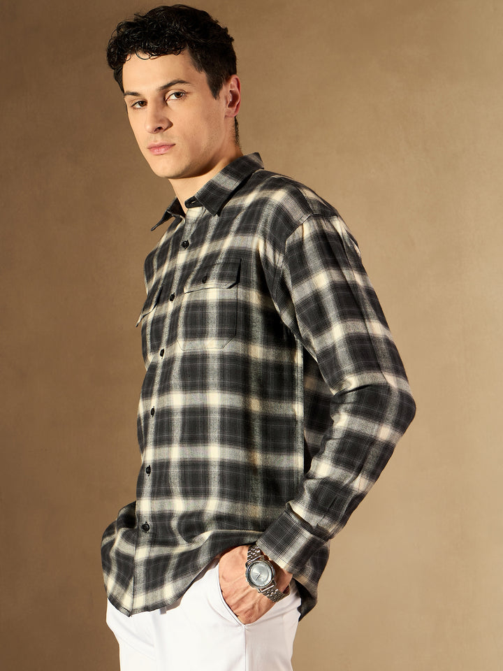 Black Double Pocket Checked Shirt