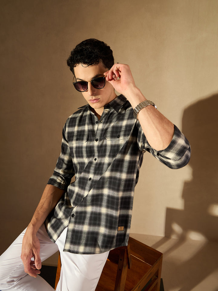 Black Double Pocket Checked Shirt