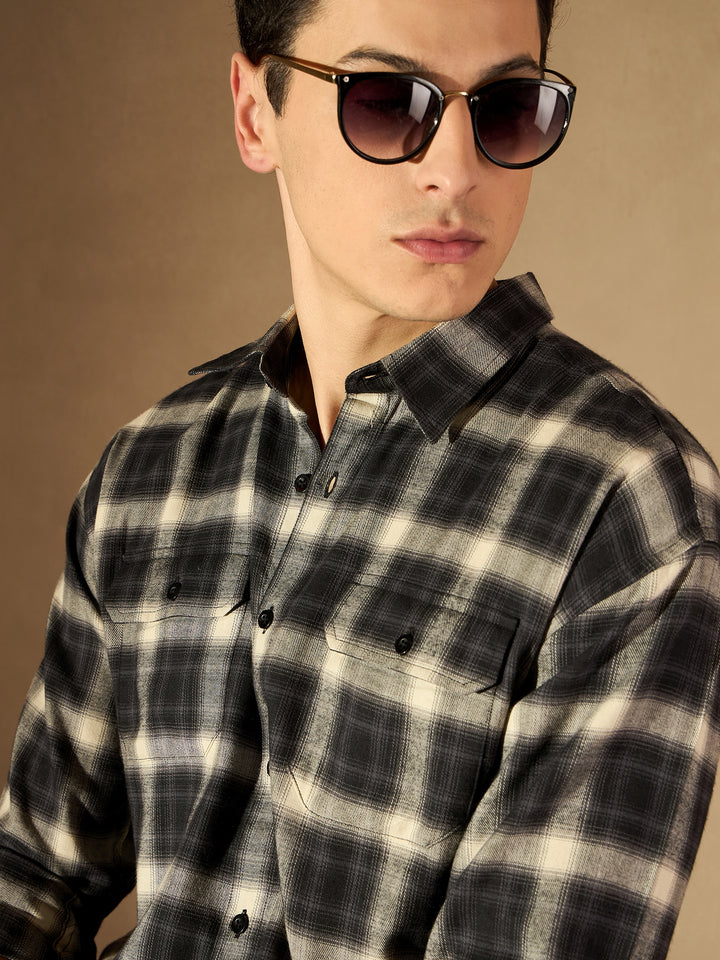 Black Double Pocket Checked Shirt