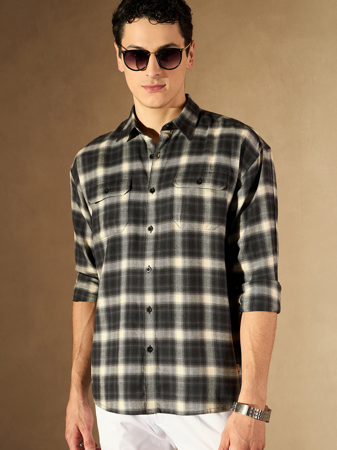 Black Double Pocket Checked Shirt