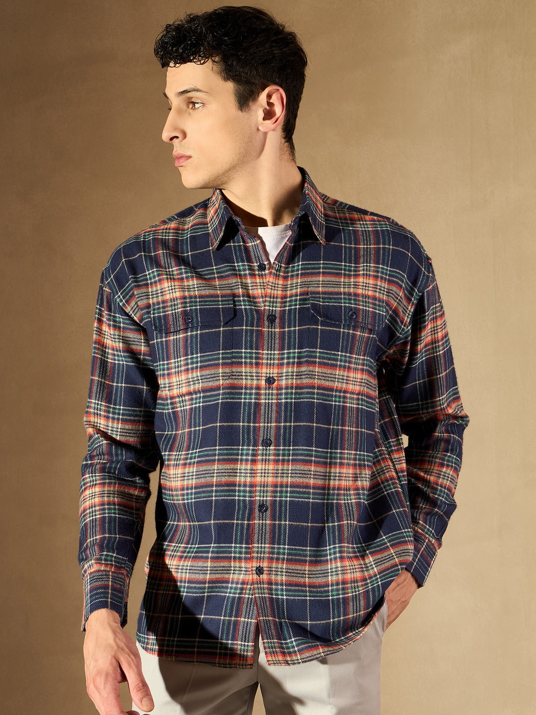 Blue Double Pocket Checked Shirt