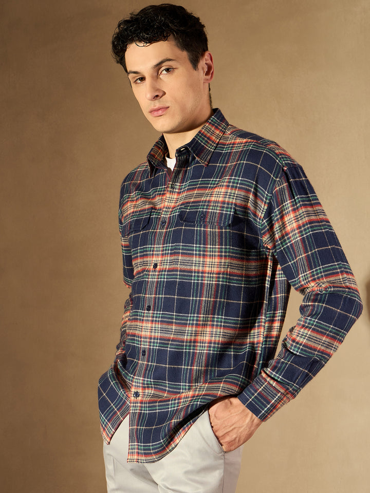 Blue Double Pocket Checked Shirt