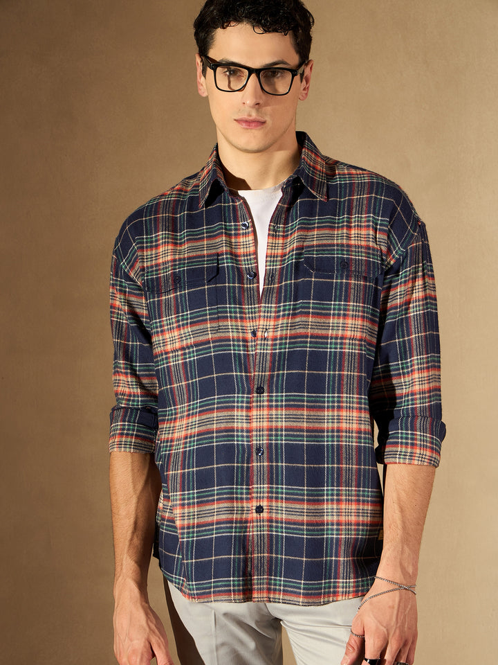 Blue Double Pocket Checked Shirt