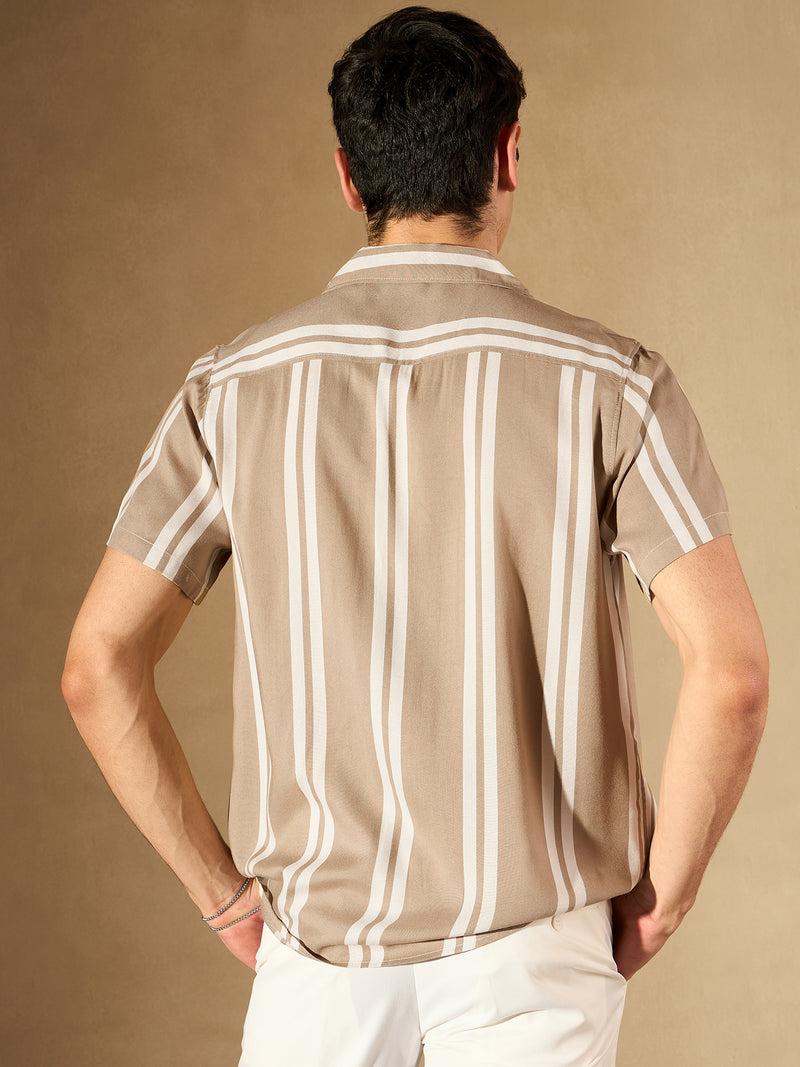 Beige: Half Sleeves Vertical Striped Shirt