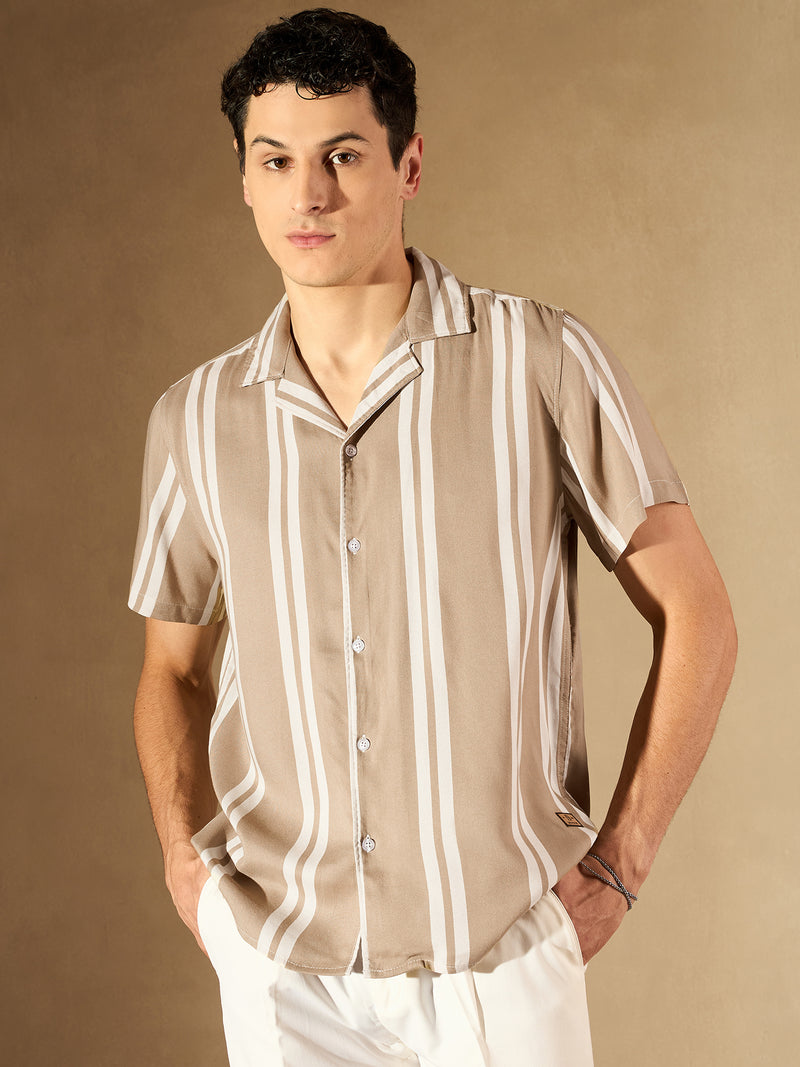 Beige: Half Sleeves Vertical Striped Shirt