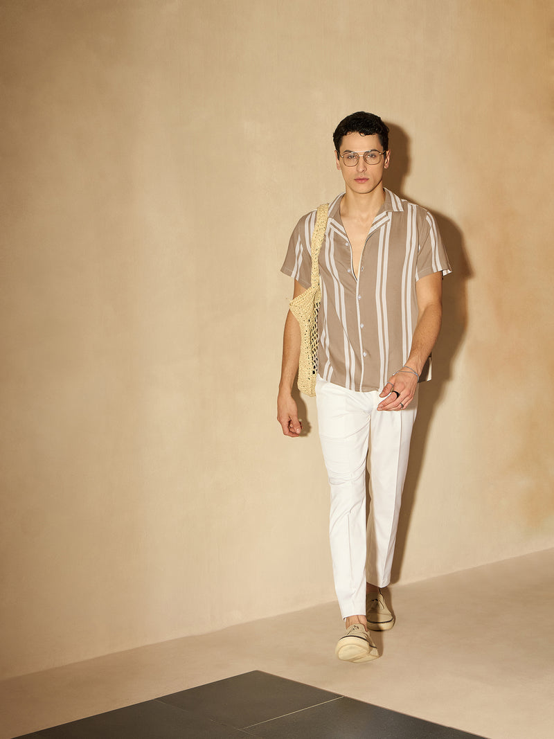 Beige: Half Sleeves Vertical Striped Shirt