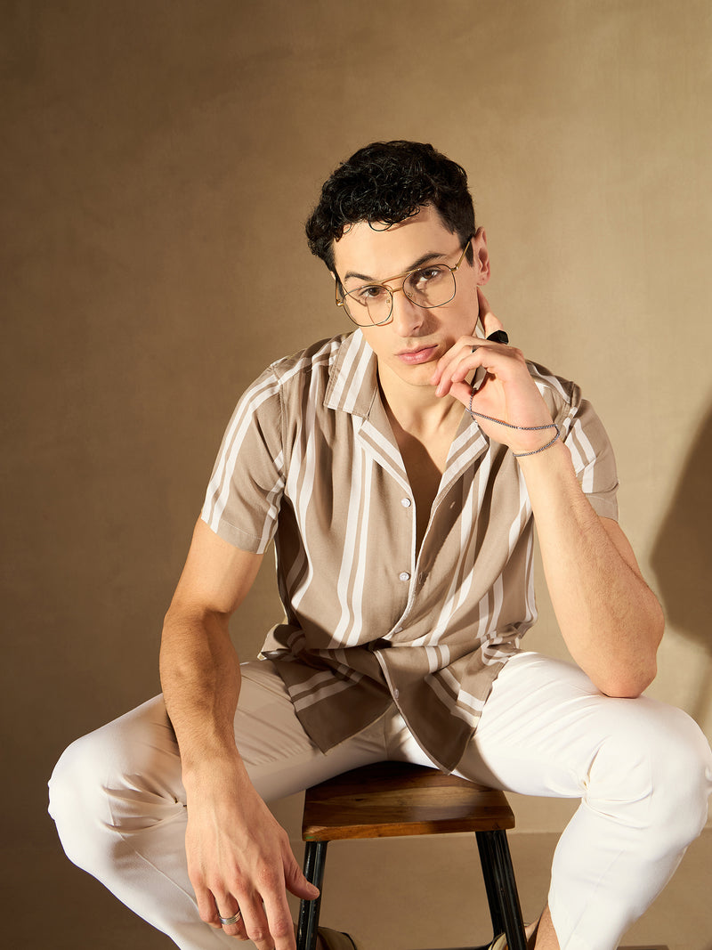 Beige: Half Sleeves Vertical Striped Shirt