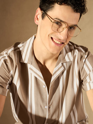 Beige: Half Sleeves Vertical Striped Shirt