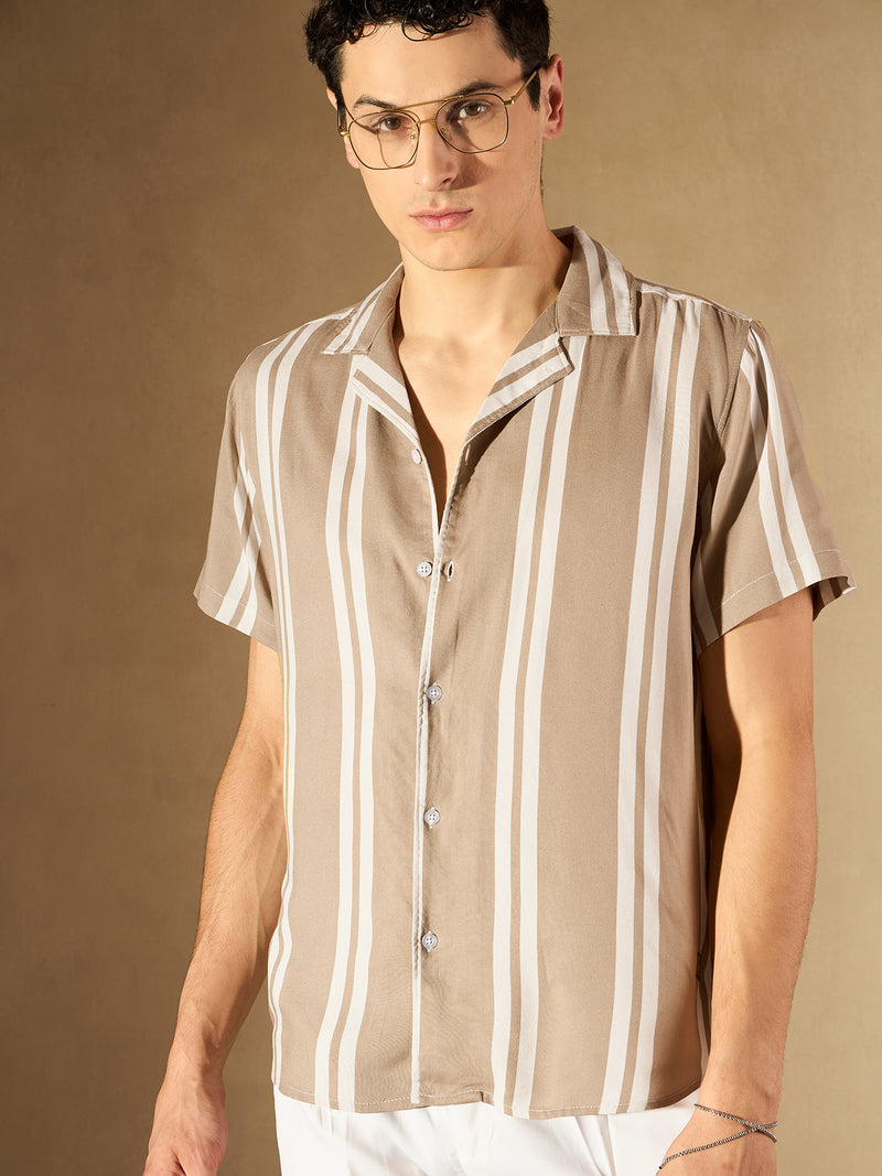 Beige: Half Sleeves Vertical Striped Shirt