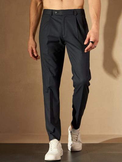 Blue Tapered Fit Pleated Trousers