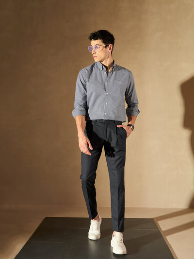 Blue Tapered Fit Pleated Trousers