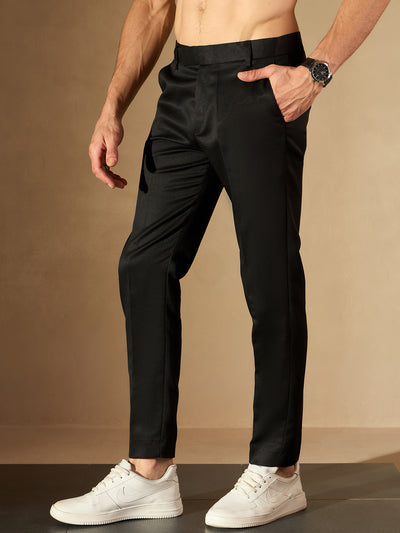 DENNISON Men Black Smart Tapered Fit Self-Checked Cropped Regular Trousers
