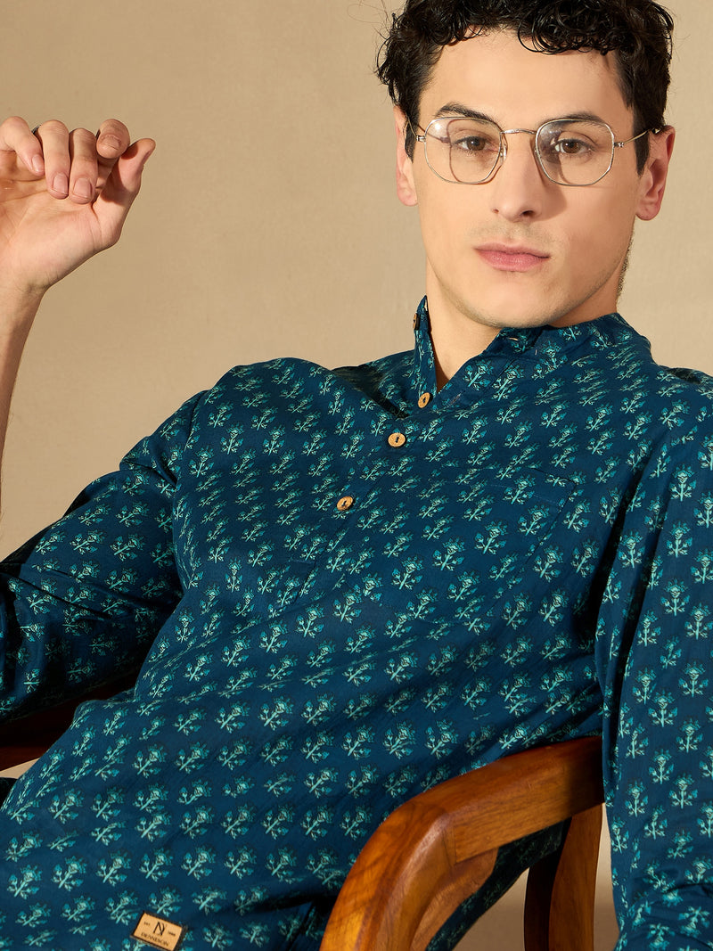 DENNISON Men Blue Block Printed Kurta