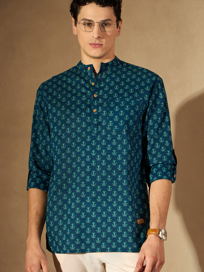 DENNISON Men Blue Block Printed Kurta