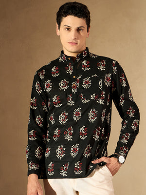 Dennison men's black and white block printed kurta front view
