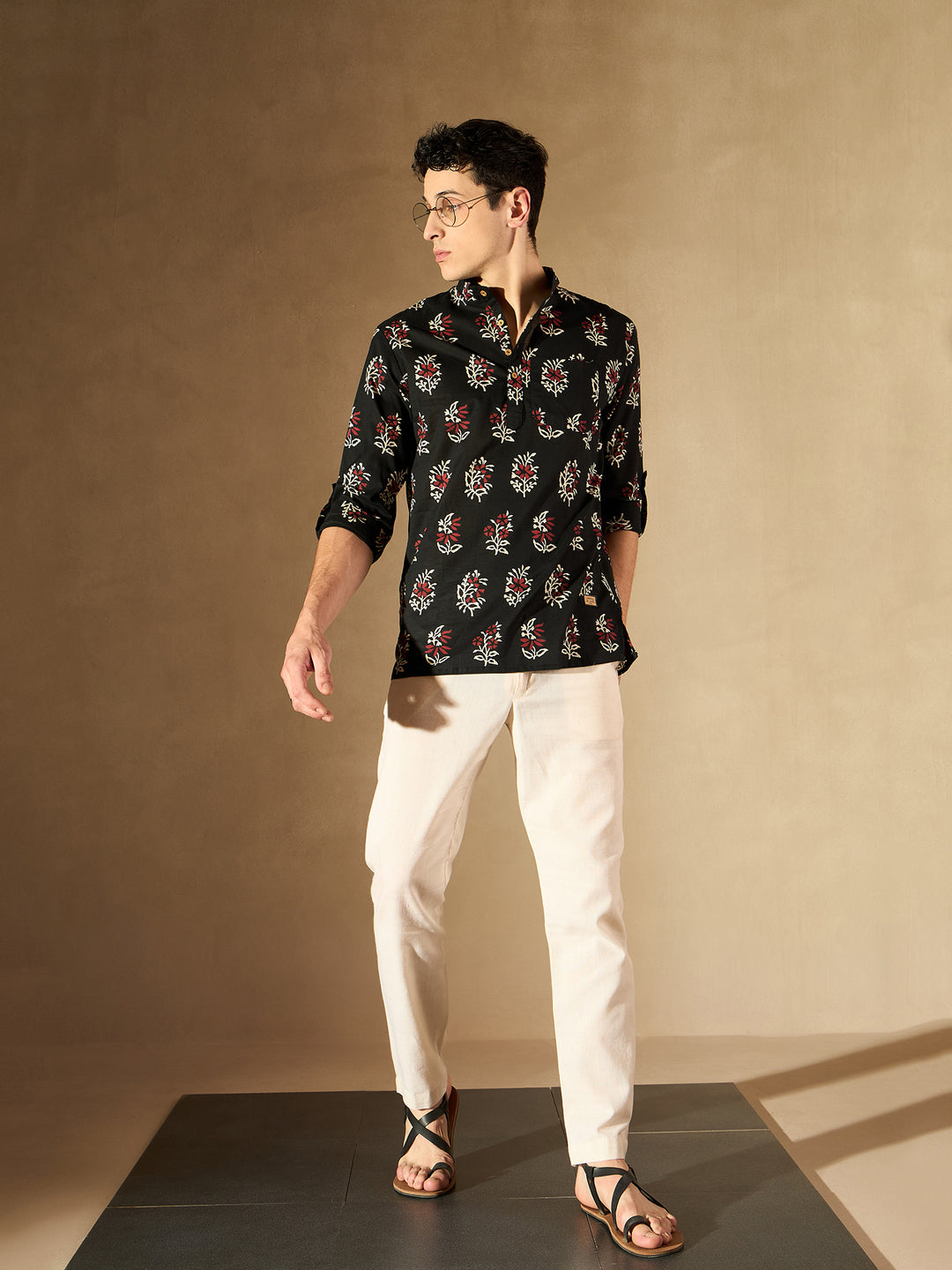 DENNISON Men Black & White Block Printed Kurta