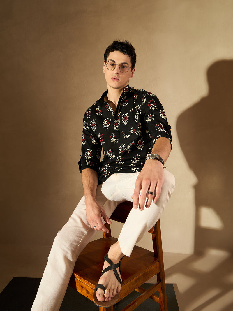 DENNISON Men Black & White Block Printed Kurta