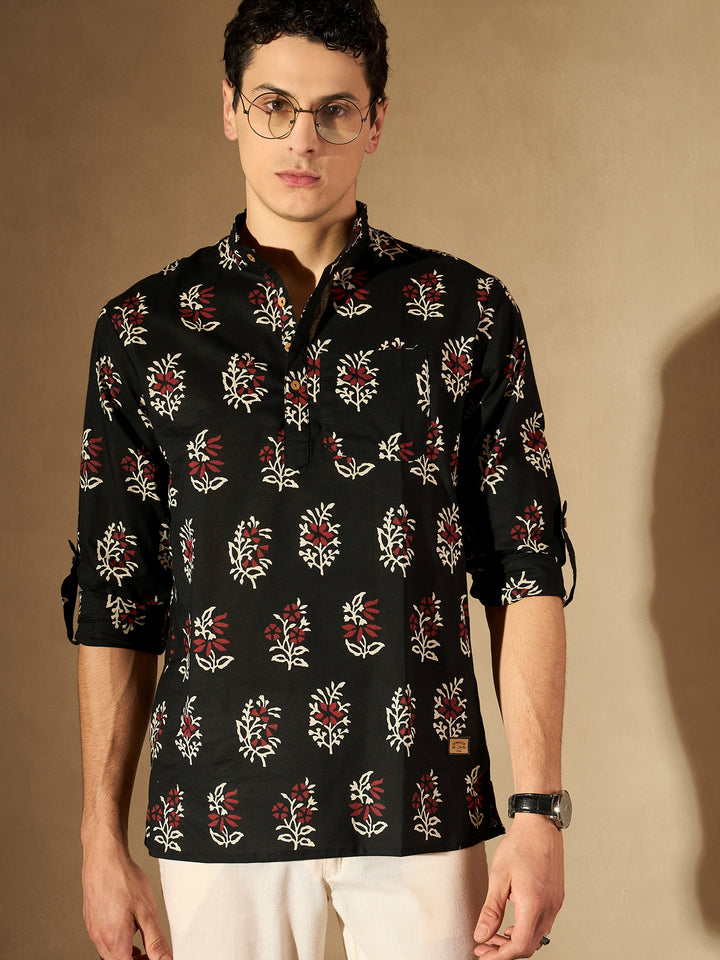 DENNISON Men Black & White Block Printed Kurta