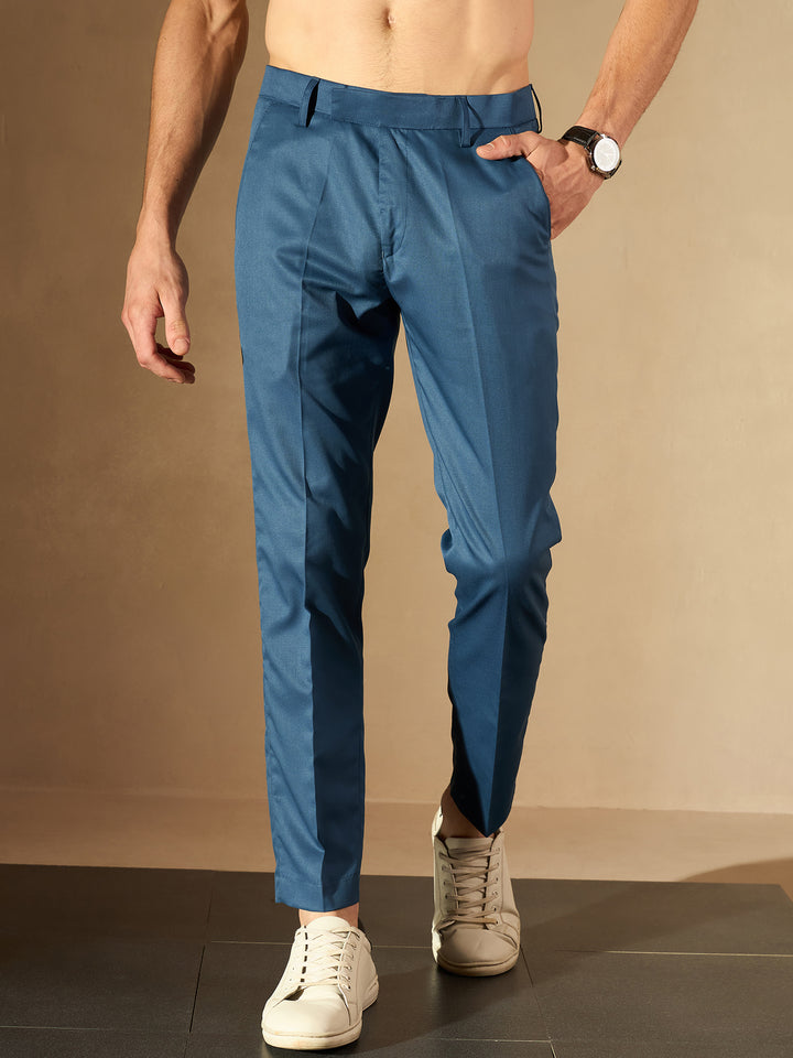 DENNISON Men Blue Smart Tapered Fit Smart Casual Trousers