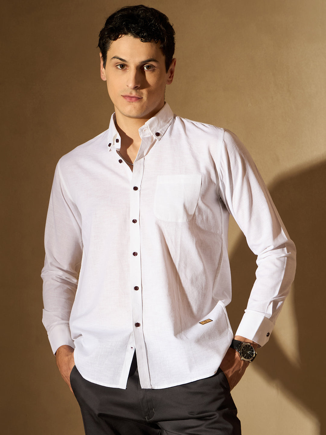 Men White Smart Slim Fit Casual Cotton Linen Casual Shirt