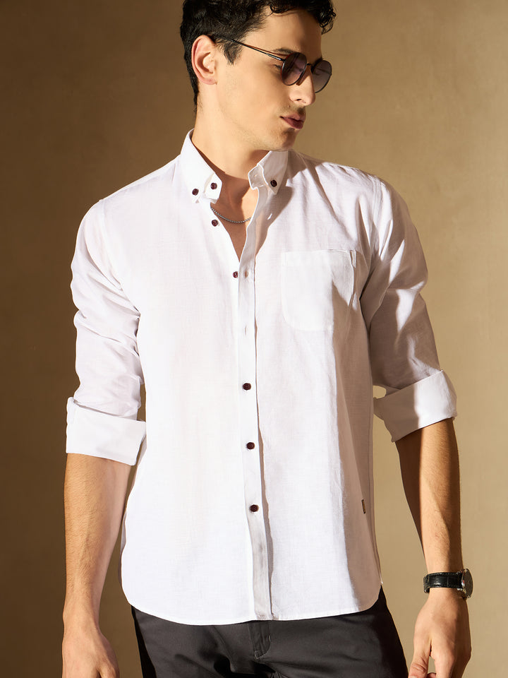 Men White Smart Slim Fit Casual Cotton Linen Casual Shirt