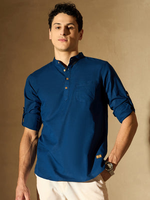 Dennison men's blue mandarin collar short kurta front view