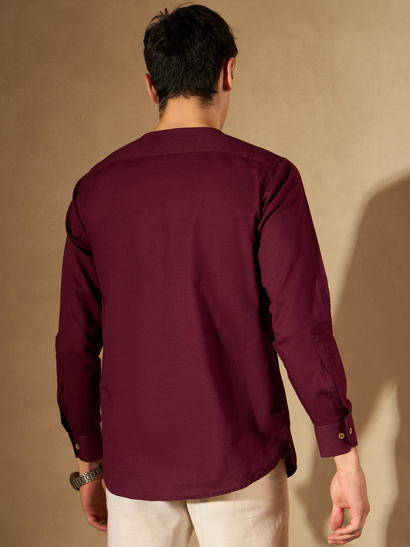 DENNISON Men Maroon Solid Straight Pure Cotton Short Kurta