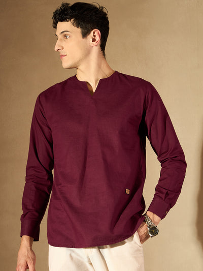 DENNISON Men Maroon Solid Straight Pure Cotton Short Kurta