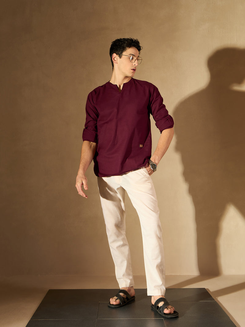 DENNISON Men Maroon Solid Straight Pure Cotton Short Kurta