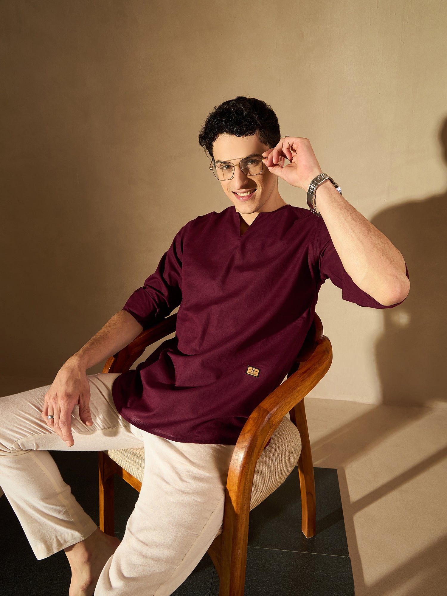 DENNISON Men Maroon Solid Straight Pure Cotton Short Kurta