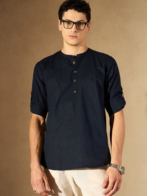 Dennison men's navy blue solid linen kurta front view