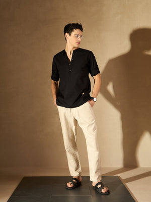 Dennison men's black solid linen kurta front view
