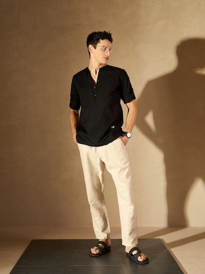 Dennison men's black solid linen kurta front view