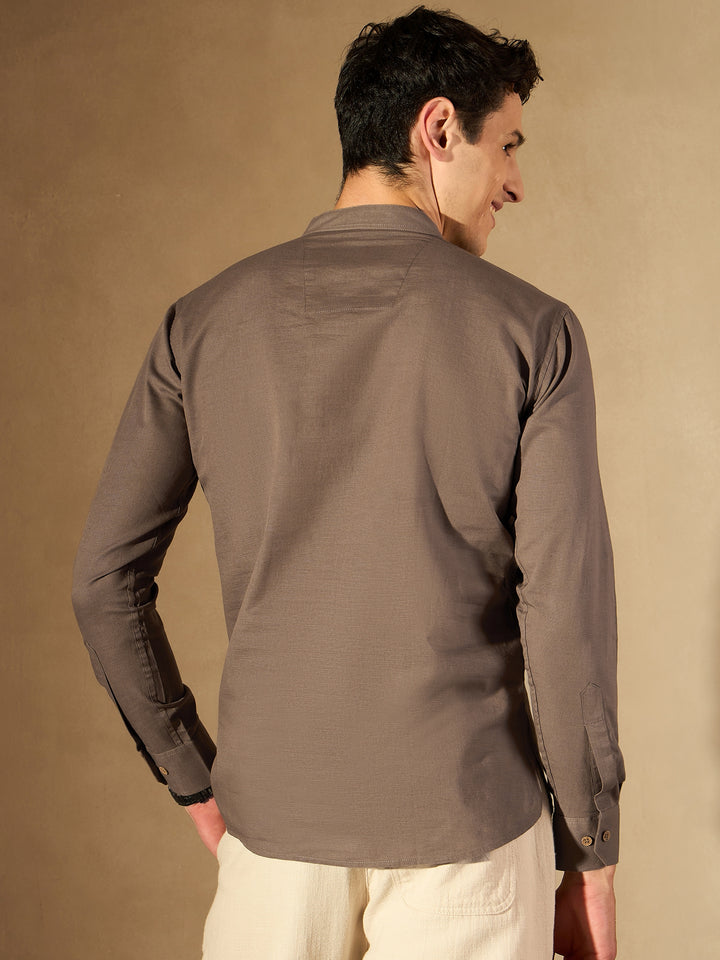Brown: Band Collar Short Kurta