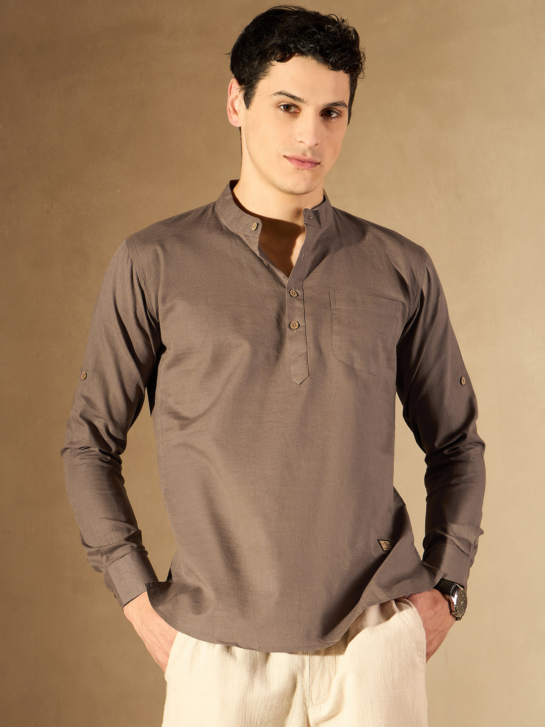 Brown: Band Collar Short Kurta