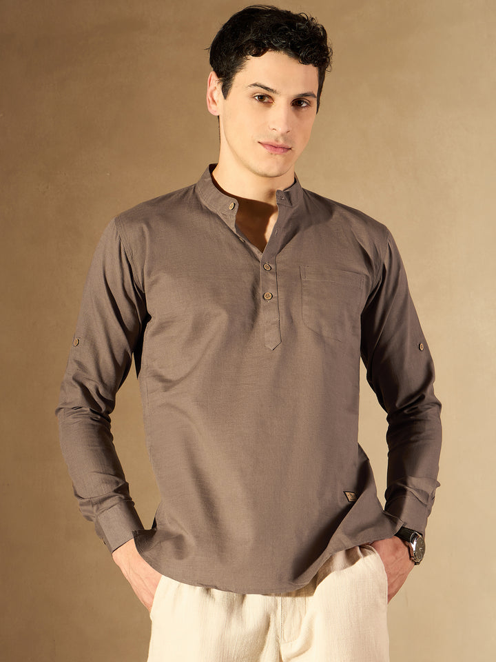 Brown: Band Collar Short Kurta
