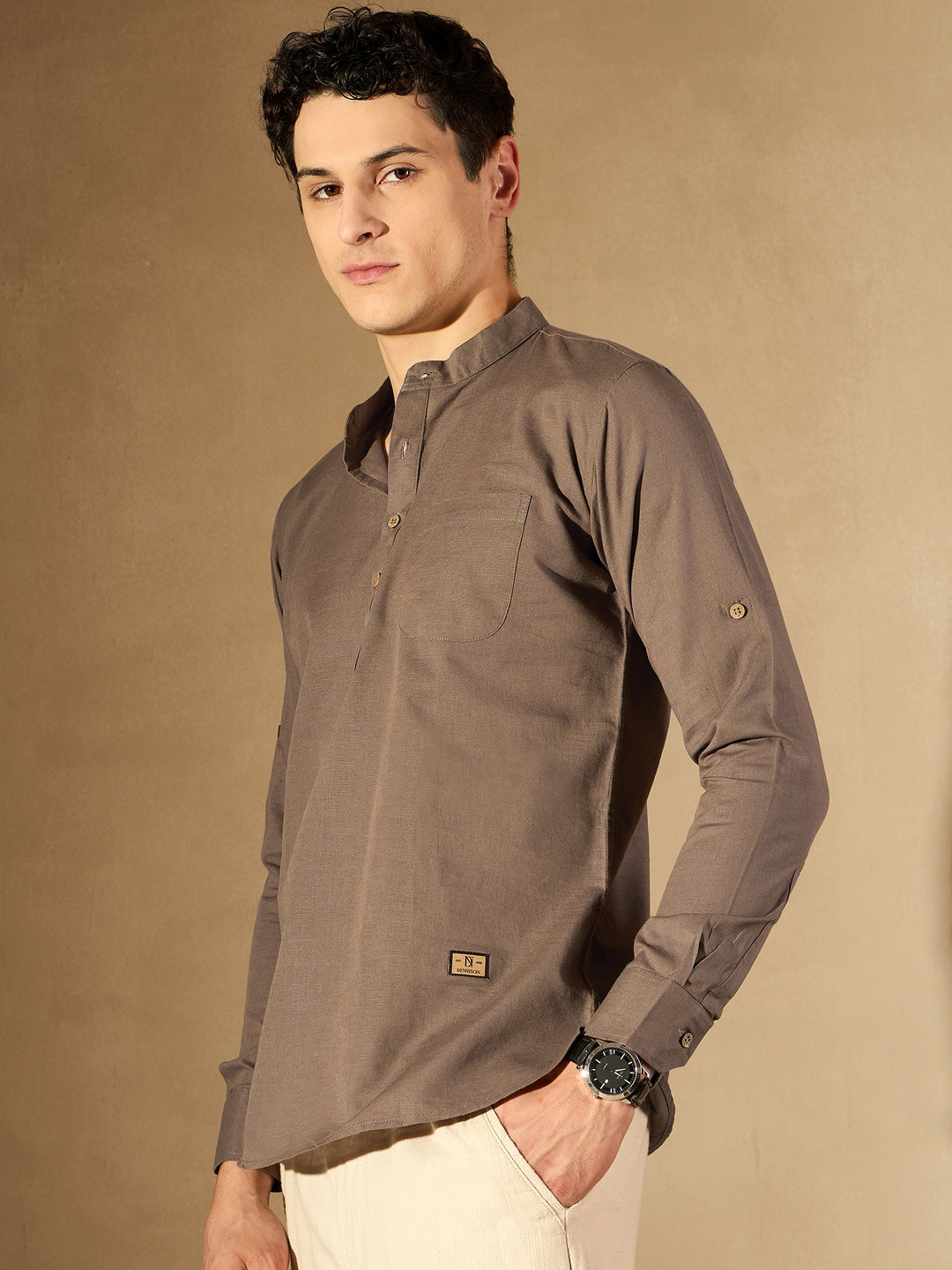 Brown: Band Collar Short Kurta