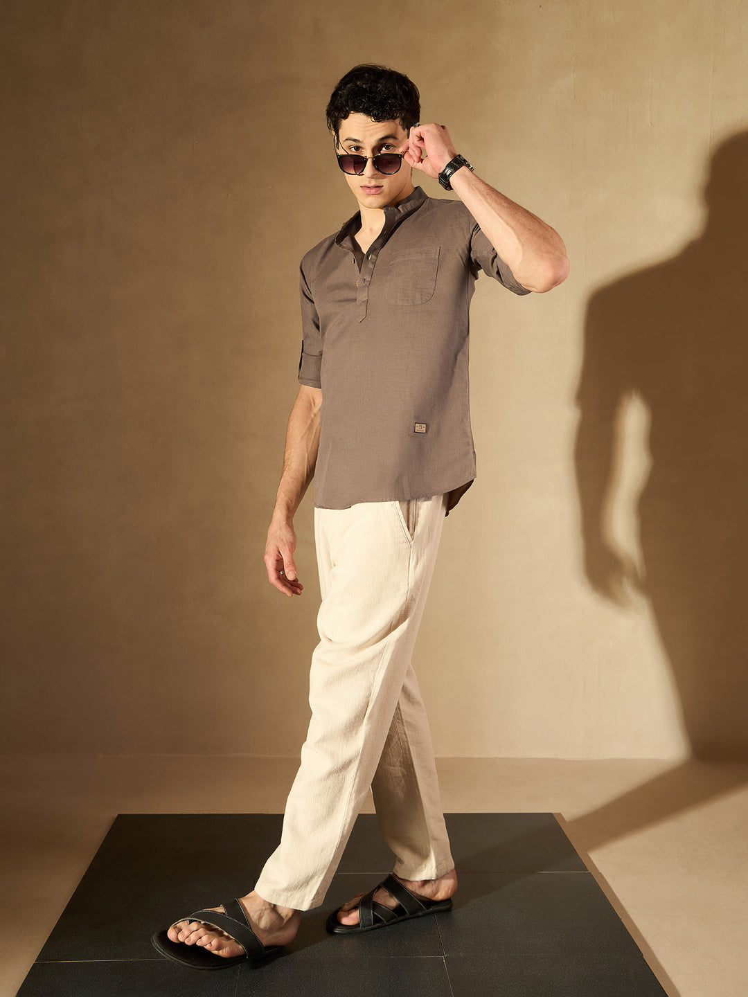 Brown: Band Collar Short Kurta
