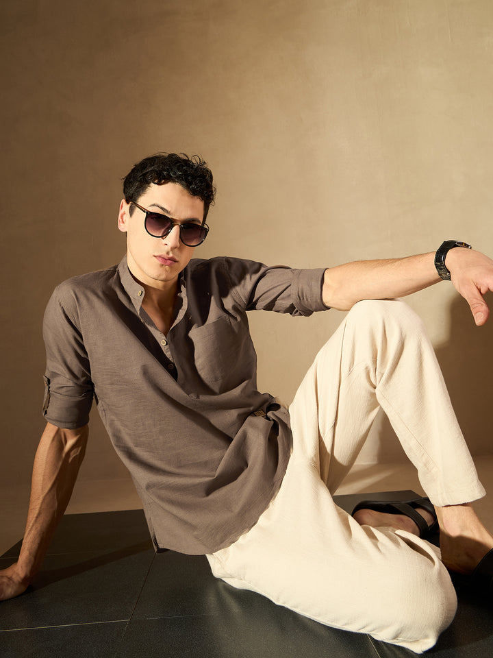 Brown: Band Collar Short Kurta