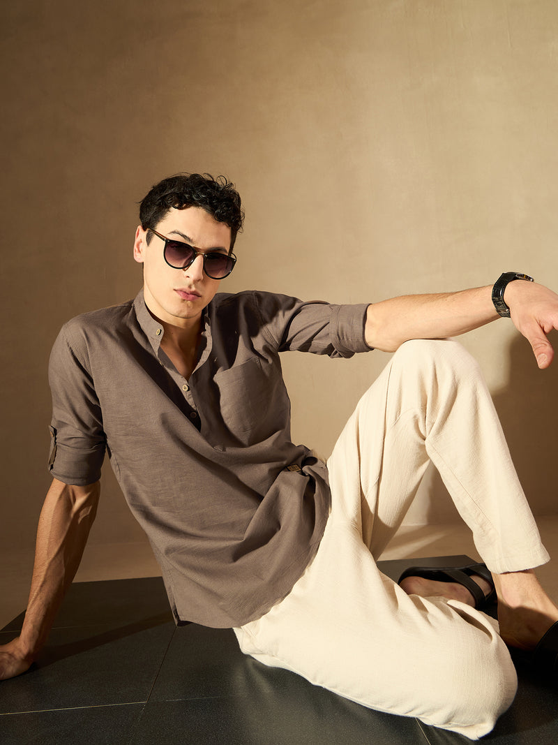 Brown: Band Collar Short Kurta