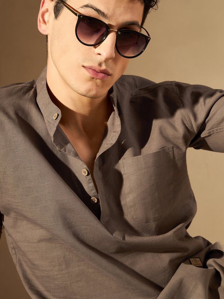 Brown: Band Collar Short Kurta