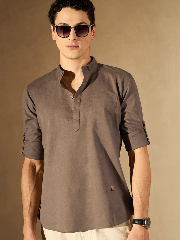 Brown: Band Collar Short Kurta