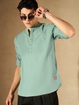 Dennison men's pista green mandarin collar roll-up sleeves kurta front view